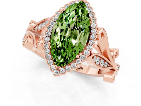 Rose gold Marquise Cut Peridot Halo Ring with Vintage Split Shank and Four-Prong Setting_1