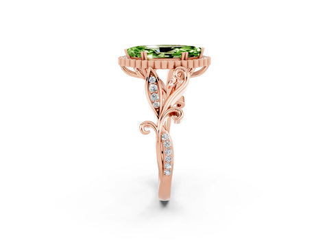 Rose gold Marquise Cut Peridot Halo Ring with Vintage Split Shank and Four-Prong Setting_2