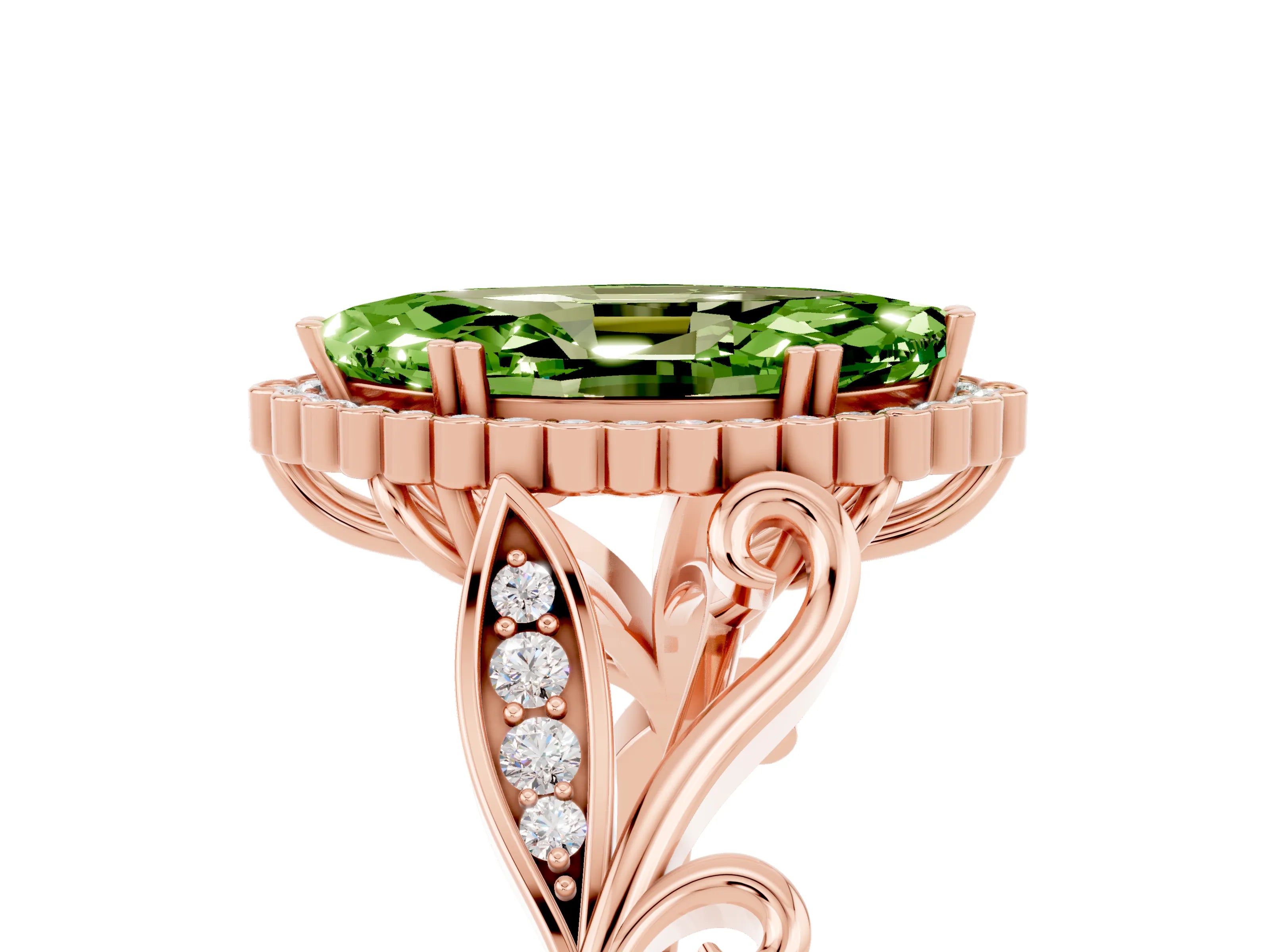 Rose gold Marquise Cut Peridot Halo Ring with Vintage Split Shank and Four-Prong Setting_5