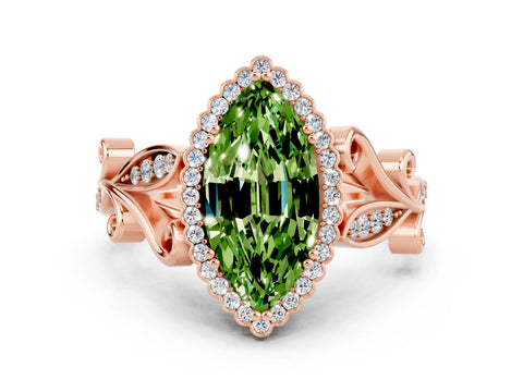 Rose gold Marquise Cut Peridot Halo Ring with Vintage Split Shank and Four-Prong Setting
