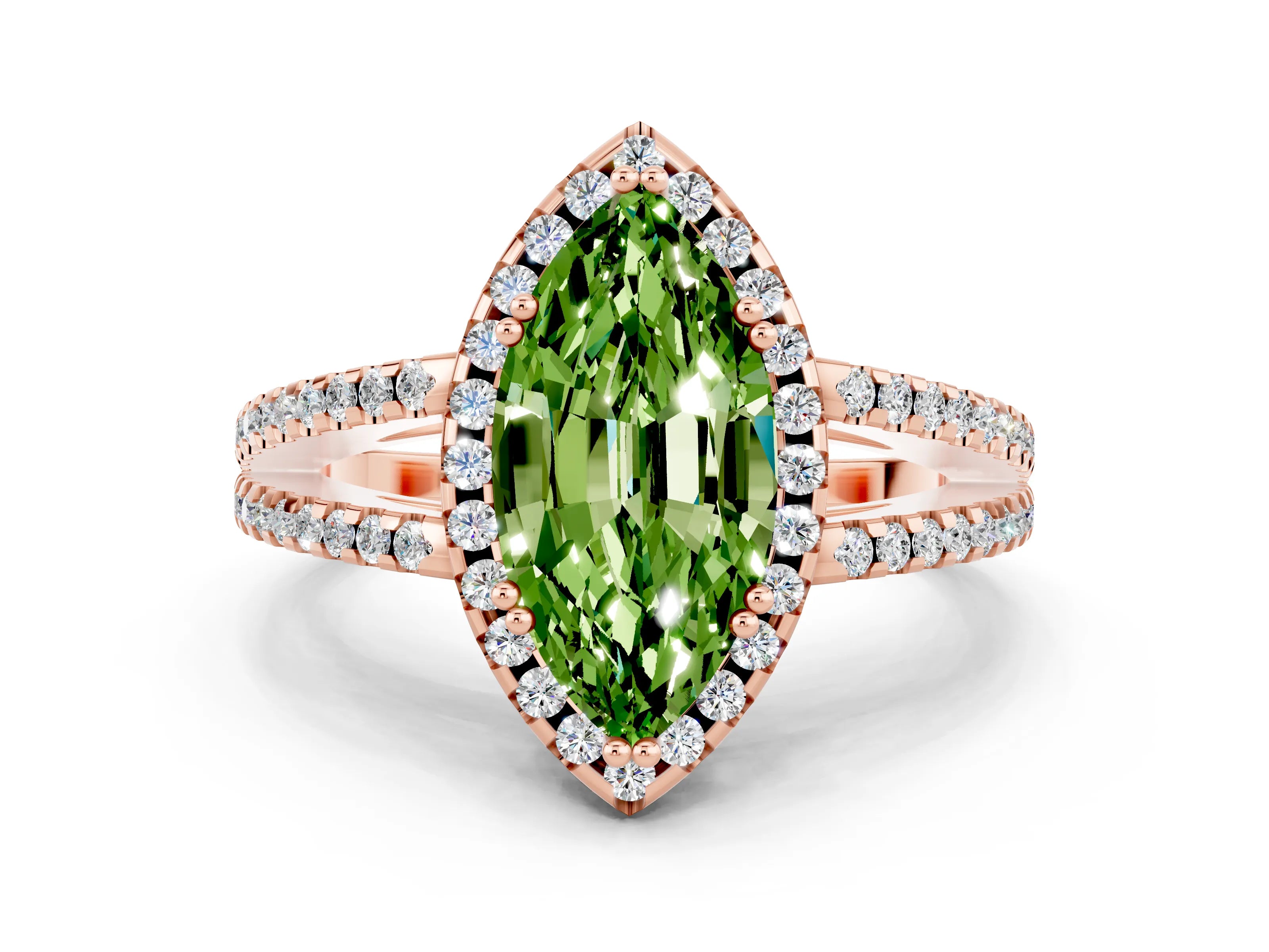 Rose gold Marquise Cut Peridot Halo Split Shank Engagement Ring_12