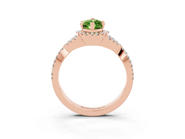 Rose gold Marquise Cut Peridot  Halo Twist Band Solitaire Prong Setting Ring