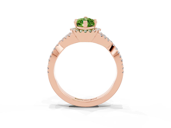Rose gold Marquise Cut Peridot  Halo Twist Band Solitaire Prong Setting Ring