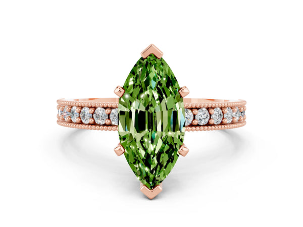 Rose gold Marquise Cut Peridot Milgrain Pavé Engagement Ring with Four-Prong Setting