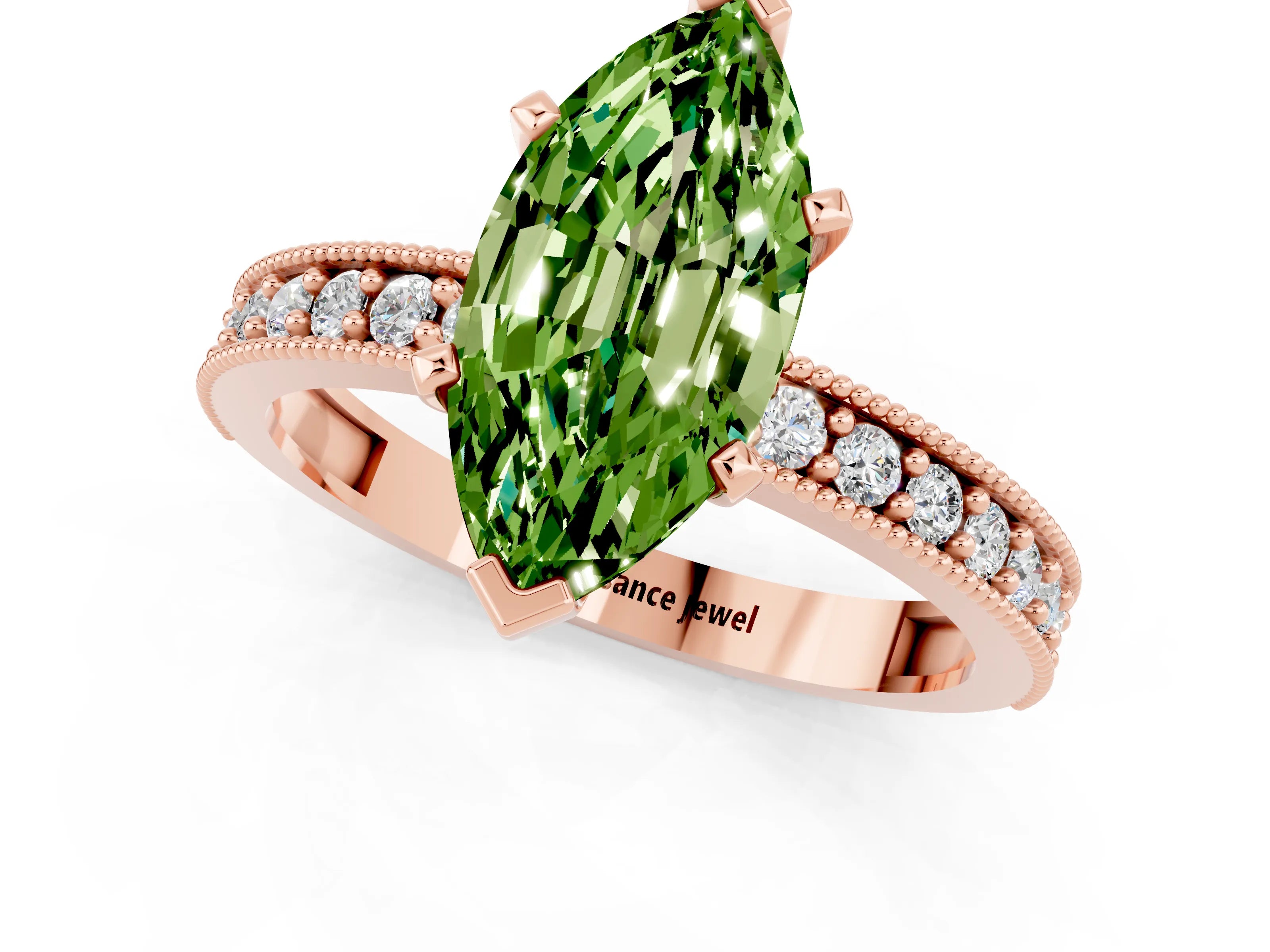 Rose gold Marquise Cut Peridot Milgrain Pavé Engagement Ring with Four-Prong Setting_1