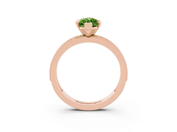 Rose gold Marquise Cut Peridot Milgrain Pavé Engagement Ring with Four-Prong Setting