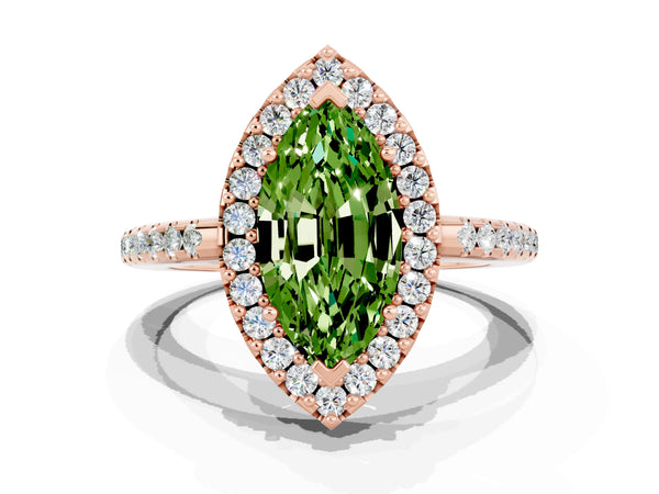 Rose gold Marquise Cut Peridot Pavé Halo Ring with Four-Prong Setting