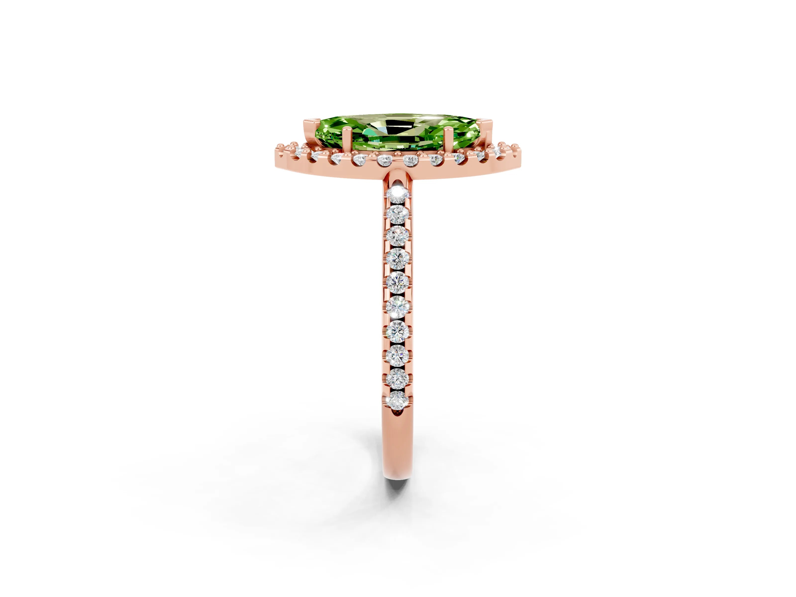 Rose gold Marquise Cut Peridot Pavé Halo Ring with Four-Prong Setting_14