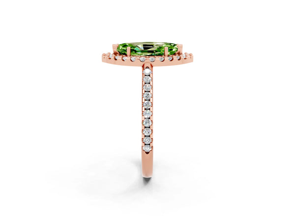 Rose gold Marquise Cut Peridot Pavé Halo Ring with Four-Prong Setting