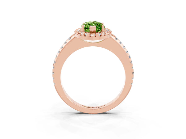 Rose gold Marquise Cut Peridot Pavé Halo Ring with Four-Prong Setting
