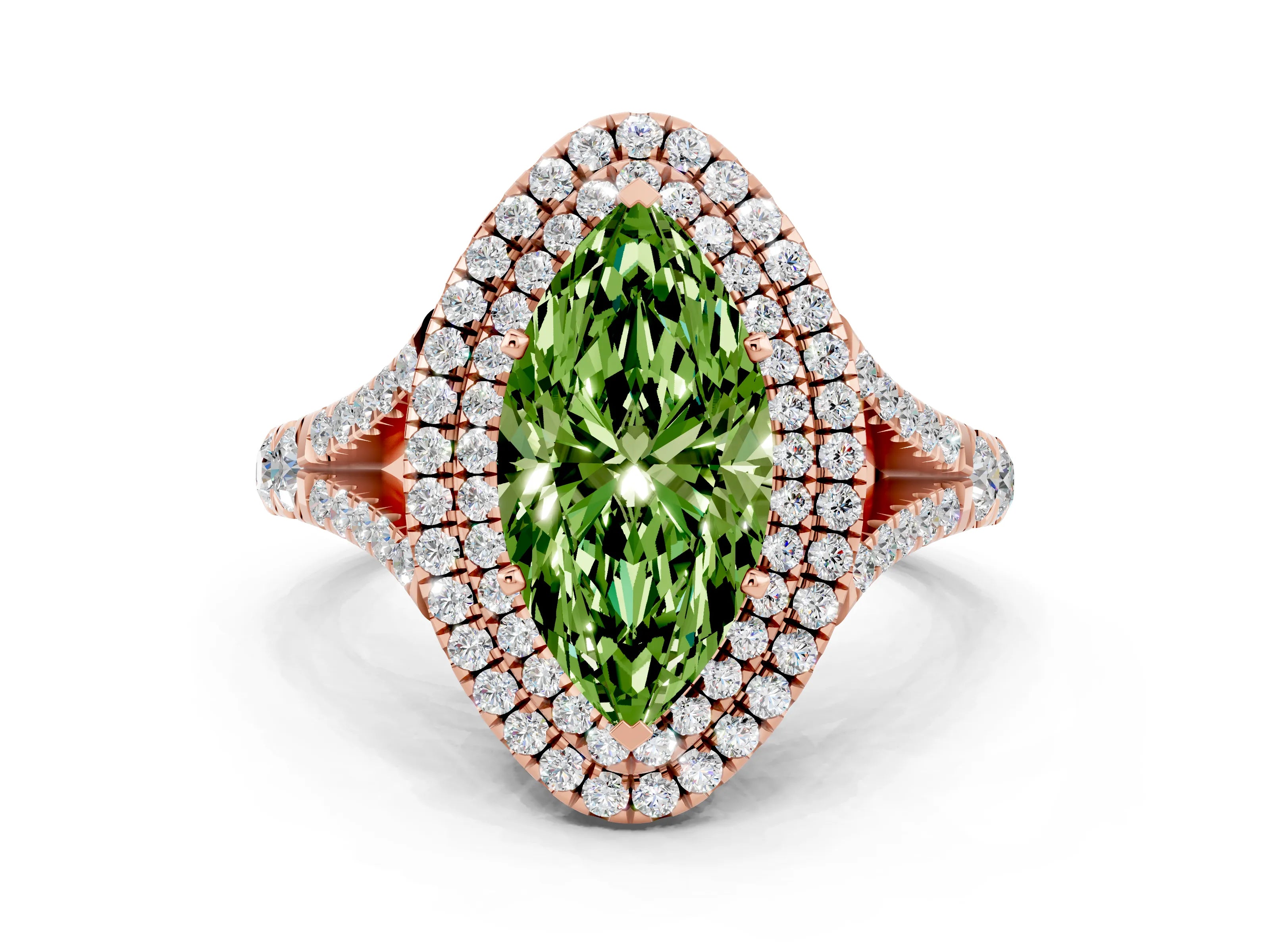 Rose gold Marquise Cut Peridot Pavé Split Shank Double Halo Engagement Ring
