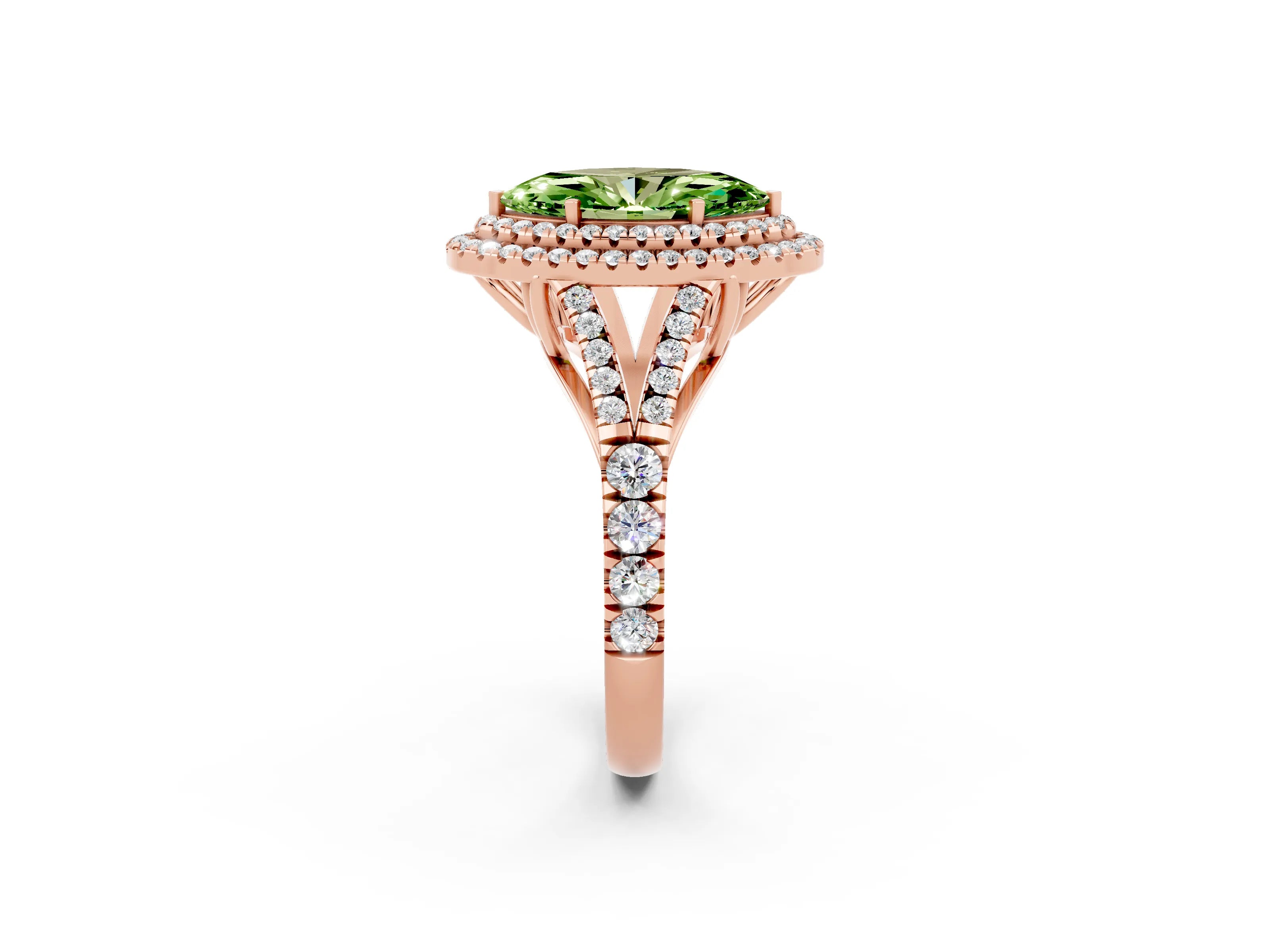 Rose gold Marquise Cut Peridot Pavé Split Shank Double Halo Engagement Ring_2
