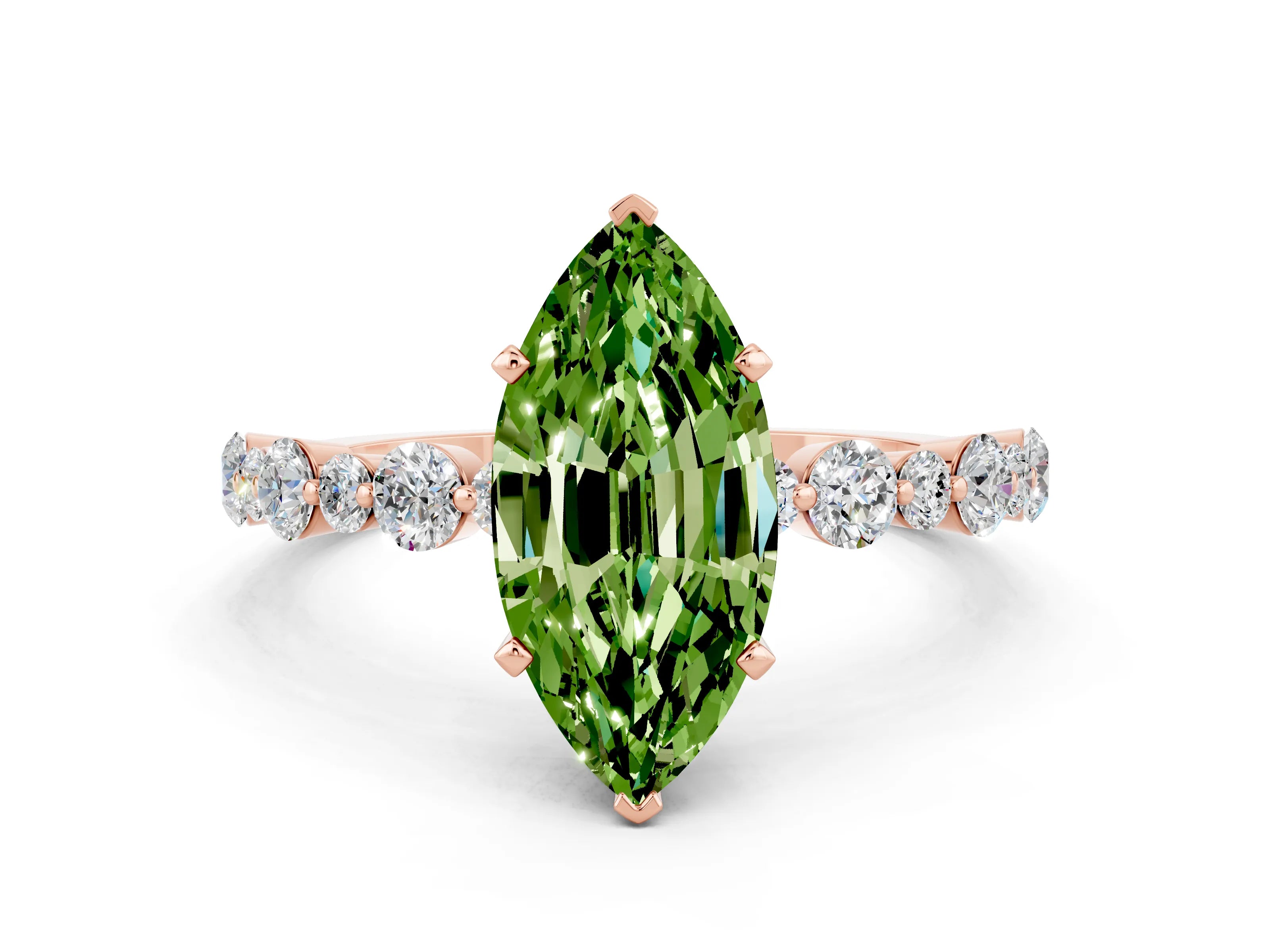Rose gold Marquise Cut Peridot Prong Set Engagement Ring with Pavé Band