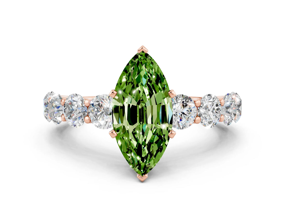 Rose gold Marquise Cut Peridot Prong Setting with Side Stones on a Pave Band
