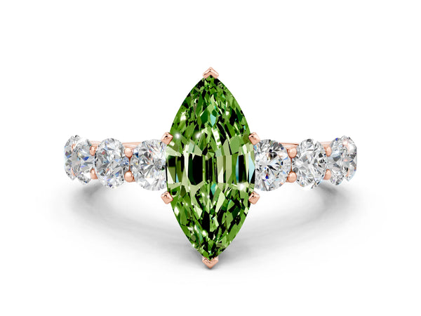 Rose gold Marquise Cut Peridot Prong Setting with Side Stones on a Pave Band