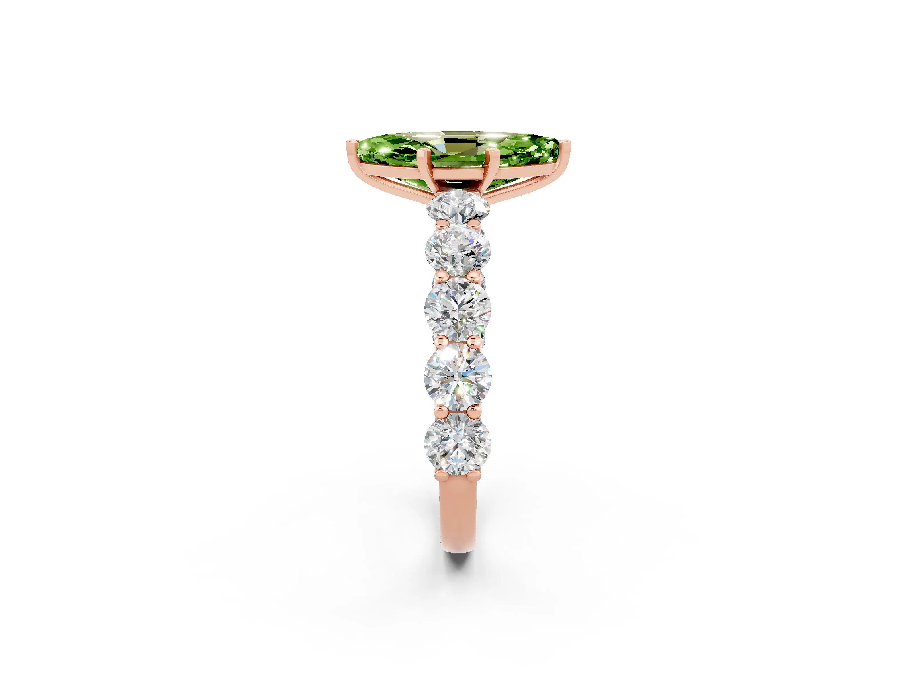 Rose gold Marquise Cut Peridot Prong Setting with Side Stones on a Pave Band_2