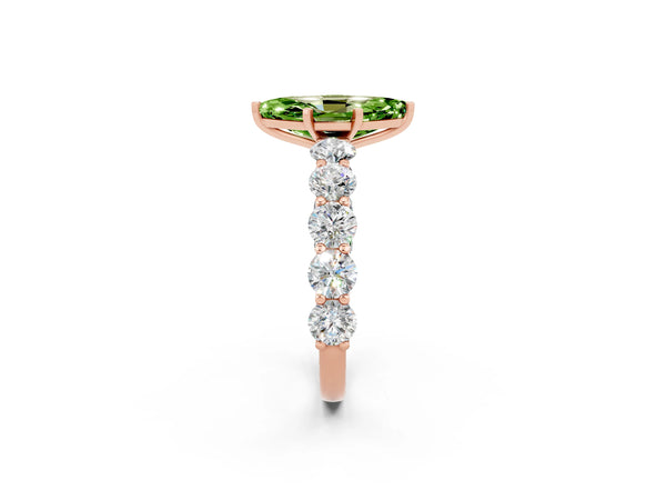 Rose gold Marquise Cut Peridot Prong Setting with Side Stones on a Pave Band