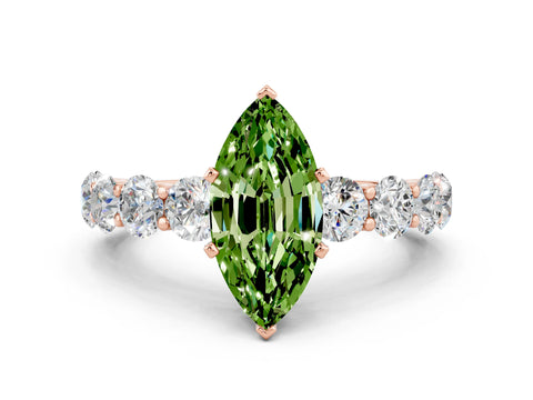 Rose gold Marquise Cut Peridot Prong Setting with Side Stones on a Pave Band