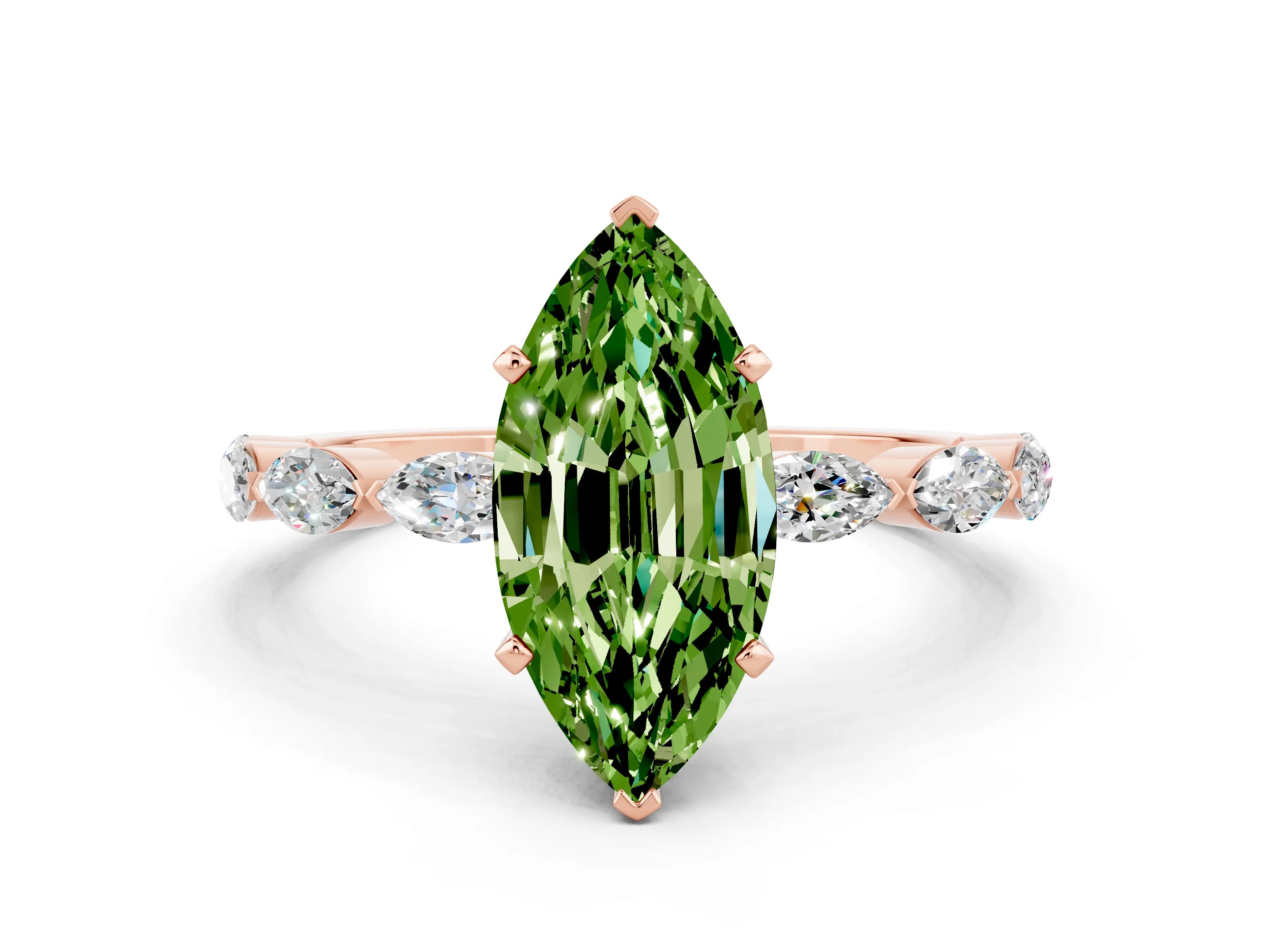 Rose gold Marquise Cut Peridot Ring with Marquise Side Stones and Prong Setting