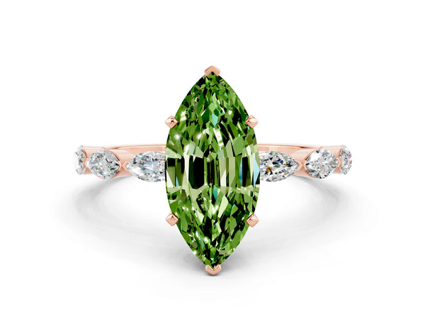 Rose gold Marquise Cut Peridot Ring with Marquise Side Stones and Prong Setting
