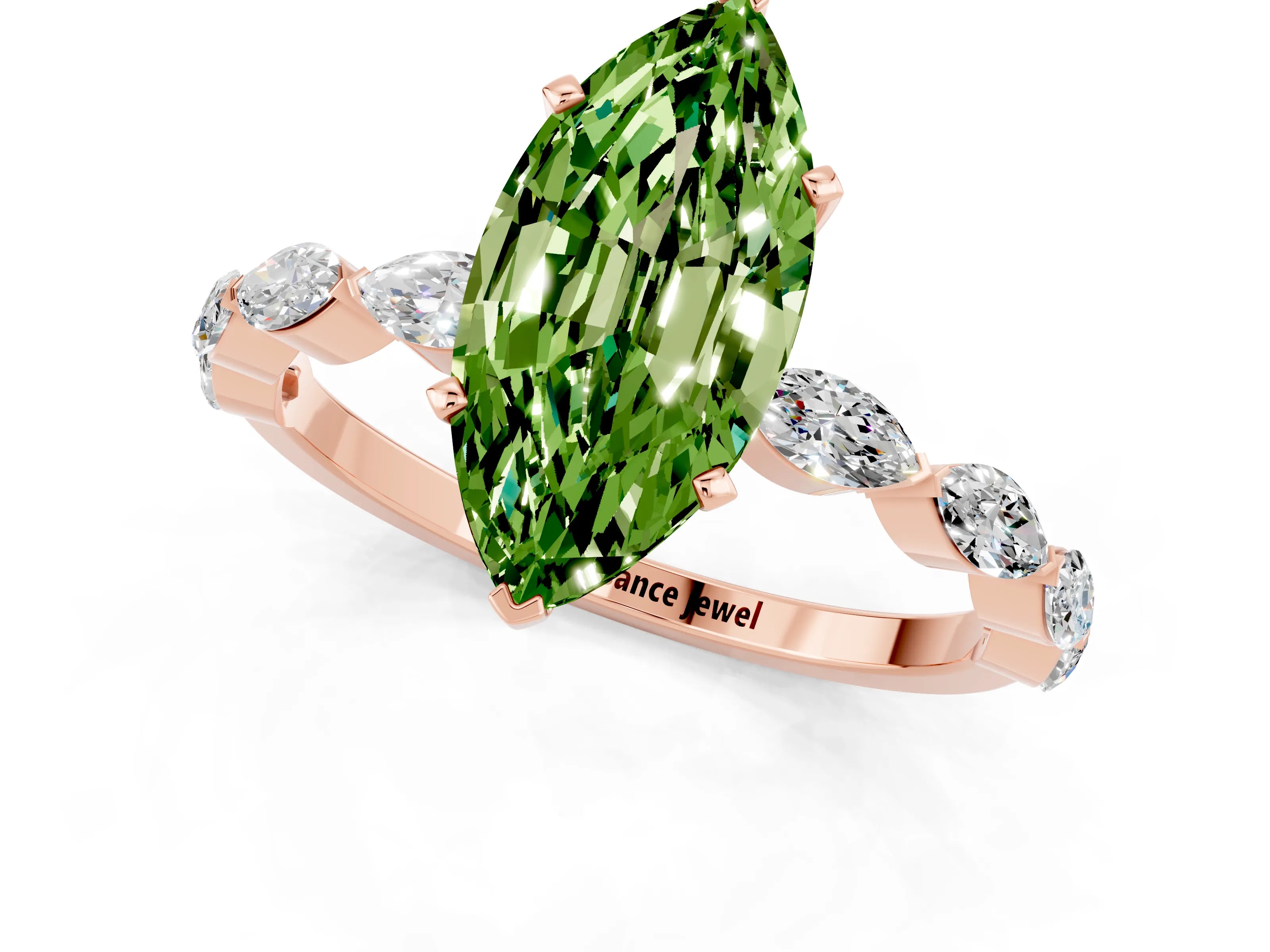 Rose gold Marquise Cut Peridot Ring with Marquise Side Stones and Prong Setting_1