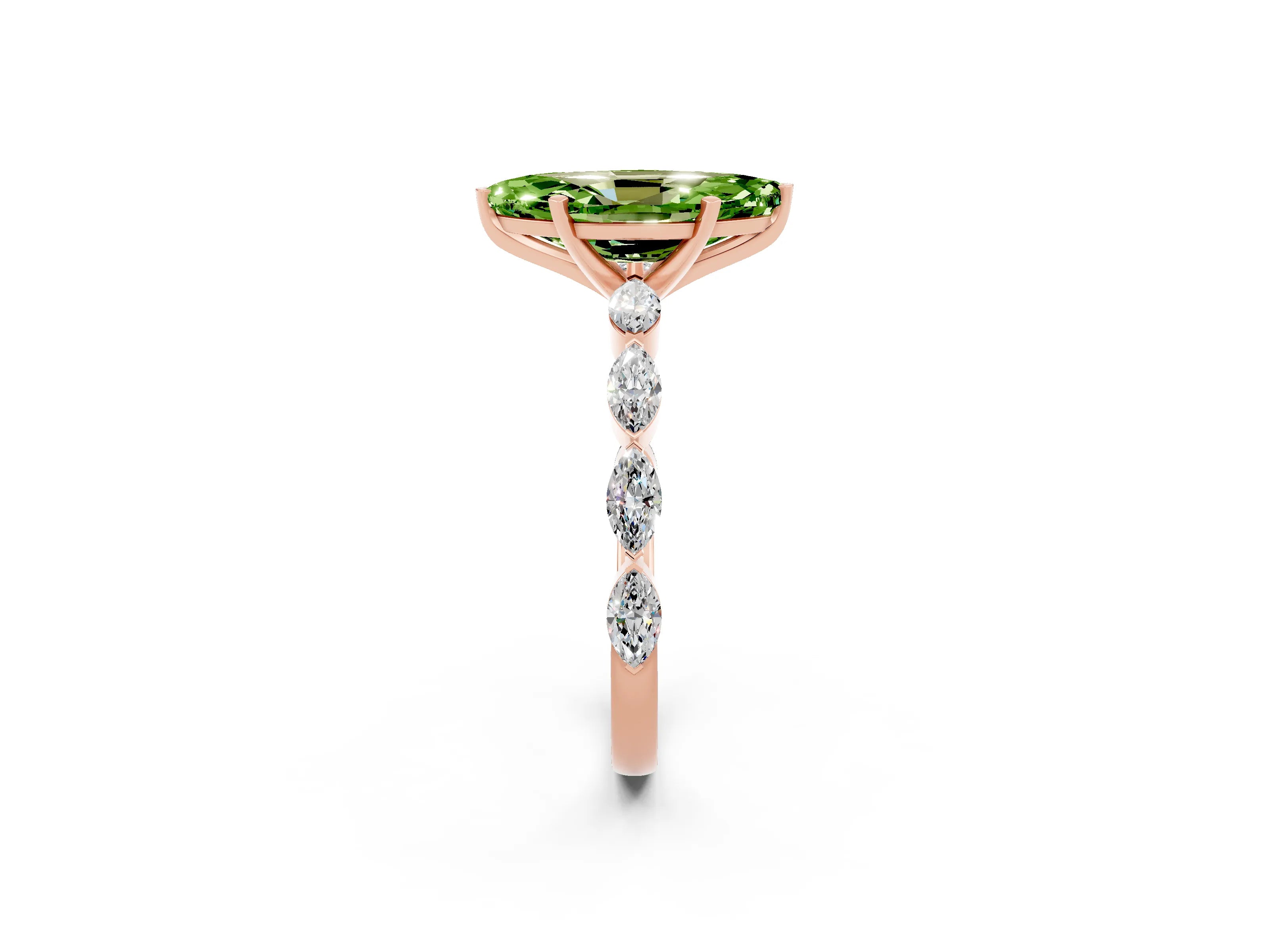 Rose gold Marquise Cut Peridot Ring with Marquise Side Stones and Prong Setting_2
