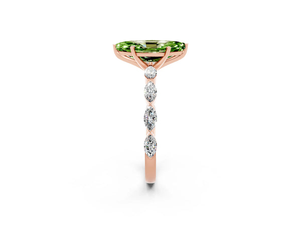 Rose gold Marquise Cut Peridot Ring with Marquise Side Stones and Prong Setting