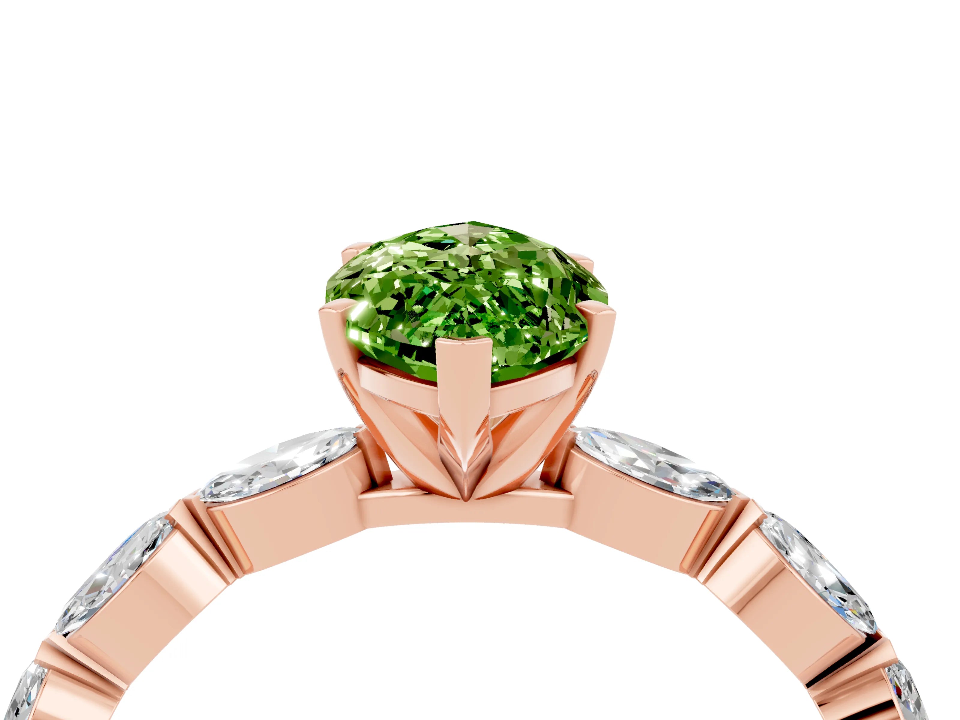 Rose gold Marquise Cut Peridot Ring with Marquise Side Stones and Prong Setting_4