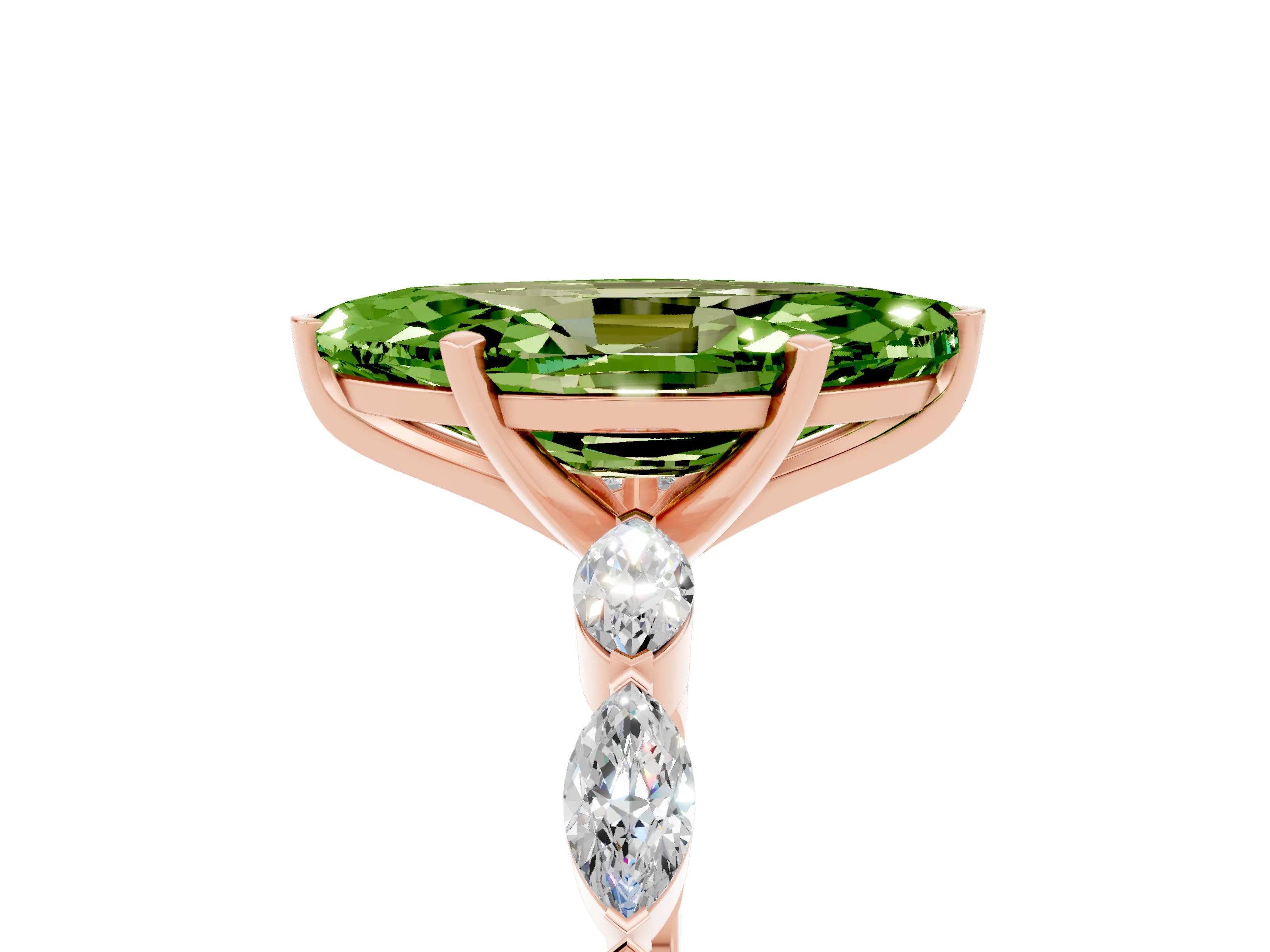 Rose gold Marquise Cut Peridot Ring with Marquise Side Stones and Prong Setting_5