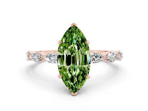Rose gold Marquise Cut Peridot Ring with Marquise Side Stones and Prong Setting