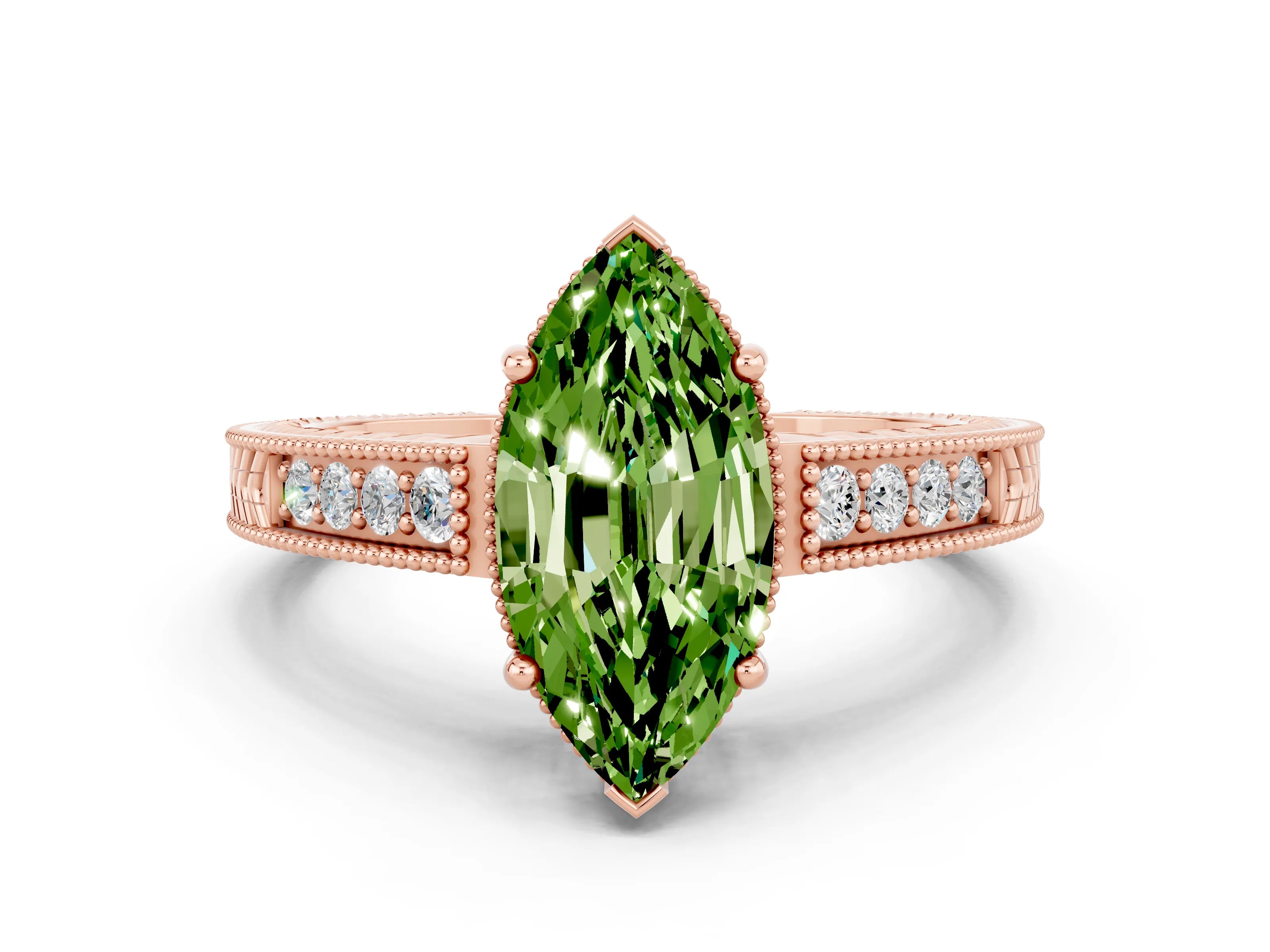 Rose gold Marquise Cut Peridot Ring with Milgrain Pavé Band and Four-Prong Setting_12