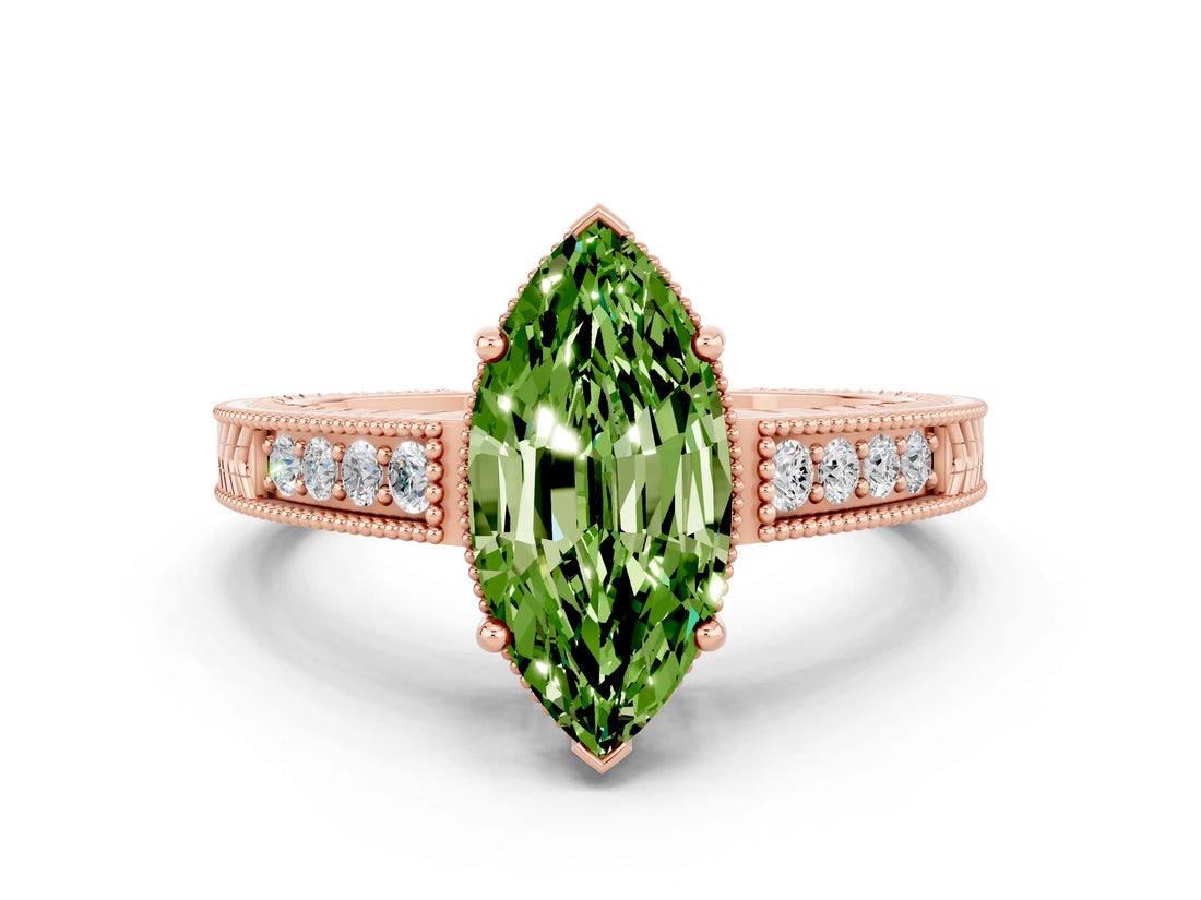 Rose gold Marquise Cut Peridot Ring with Milgrain Pavé Band and Four-Prong Setting_12