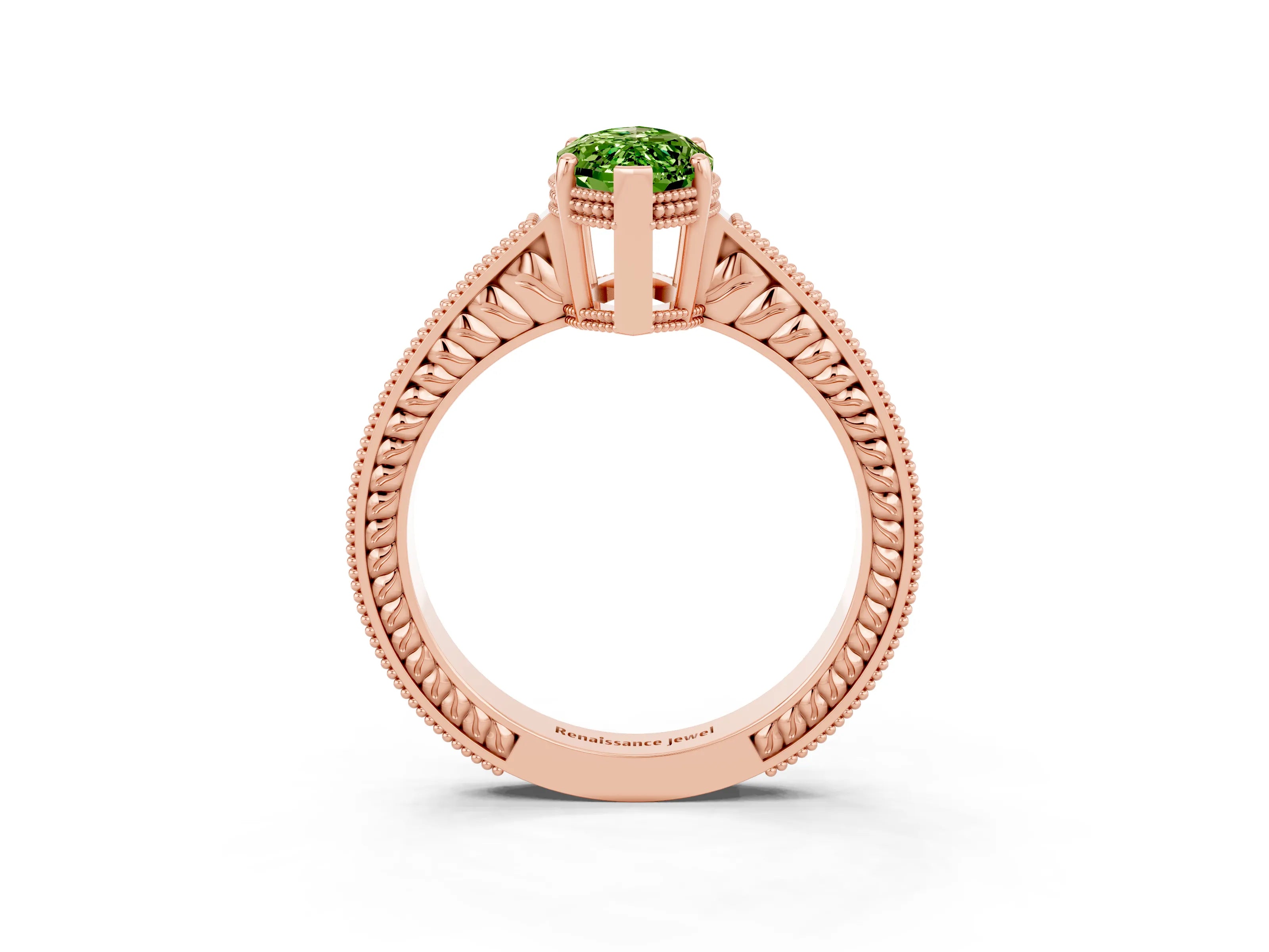 Rose gold Marquise Cut Peridot Ring with Milgrain Pavé Band and Four-Prong Setting_15