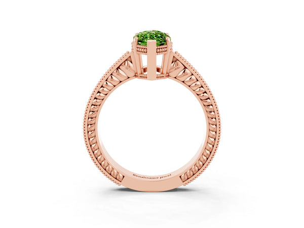 Rose gold Marquise Cut Peridot Ring with Milgrain Pavé Band and Four-Prong Setting