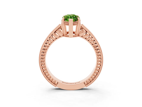 Rose gold Marquise Cut Peridot Ring with Milgrain Pavé Band and Four-Prong Setting_15