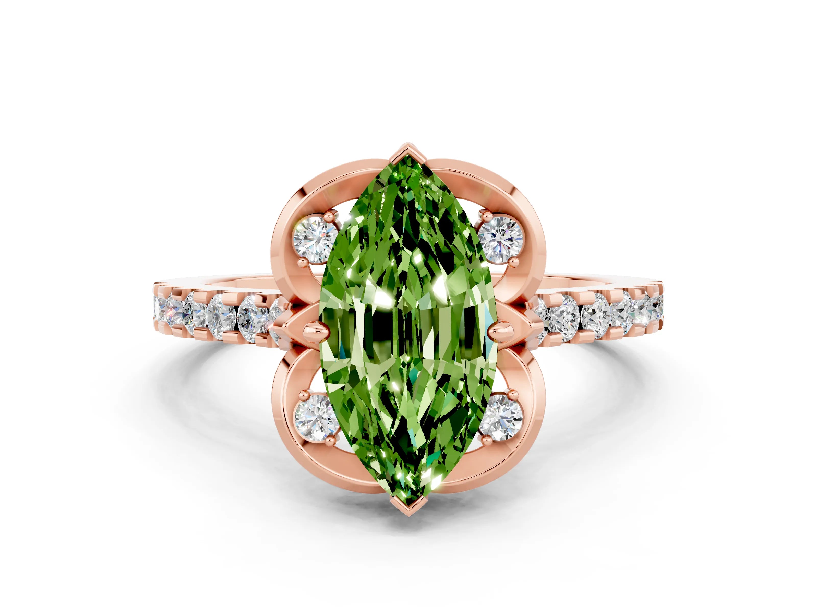 Rose gold Marquise Cut Peridot Ring with Pavé Band and Floral Prong Setting