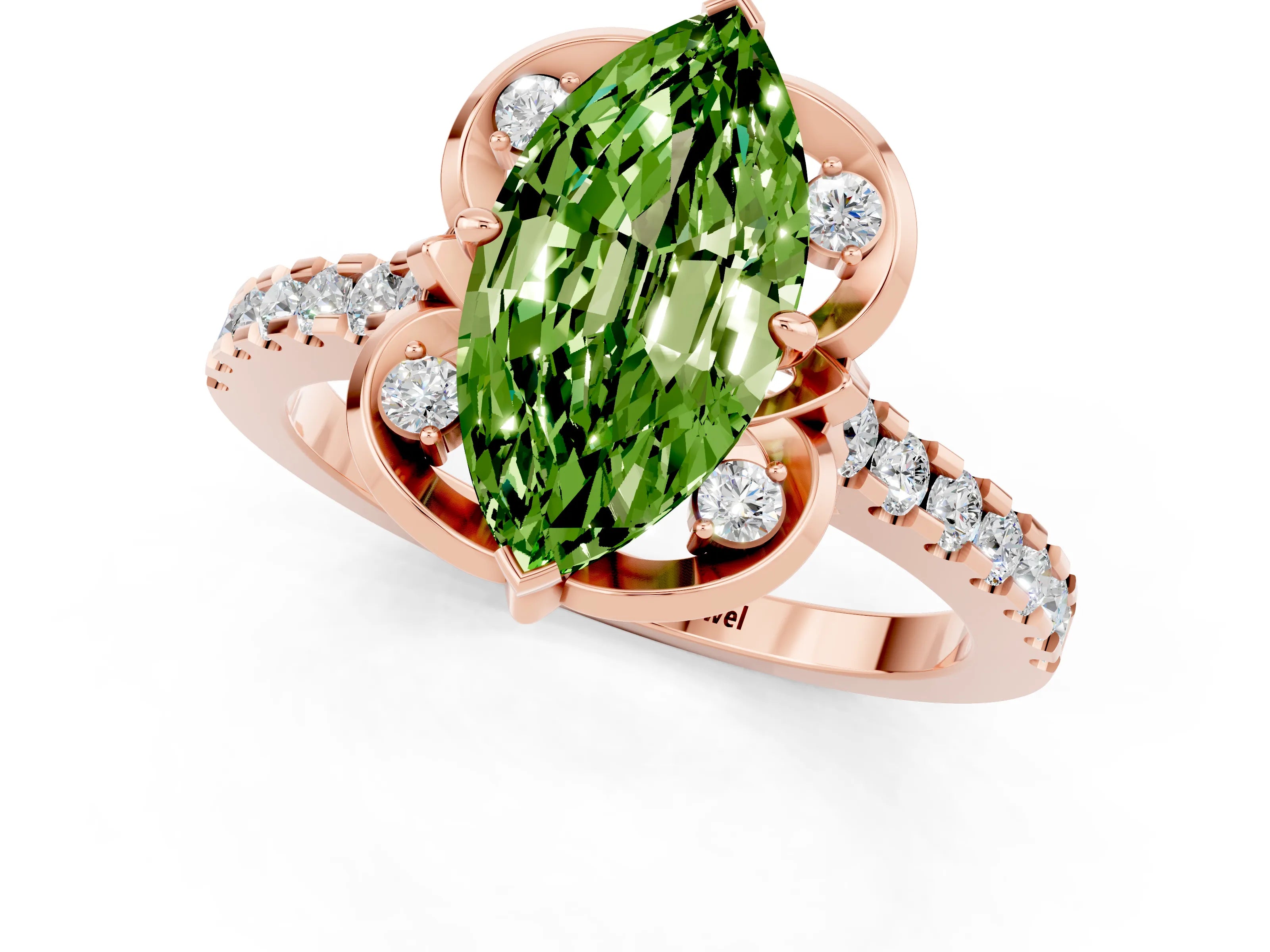 Rose gold Marquise Cut Peridot Ring with Pavé Band and Floral Prong Setting_1