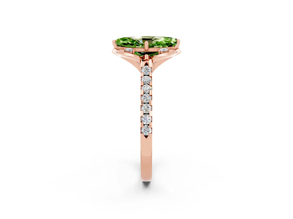 Rose gold Marquise Cut Peridot Ring with Pavé Band and Floral Prong Setting