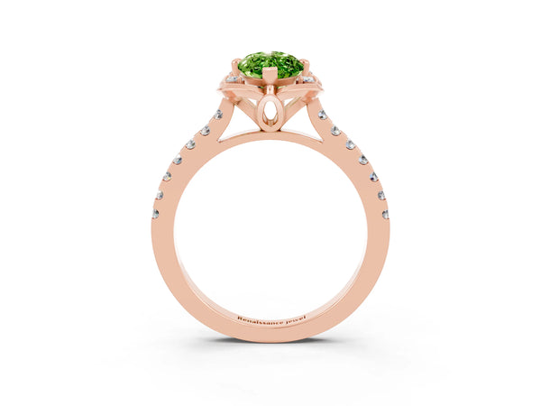 Rose gold Marquise Cut Peridot Ring with Pavé Band and Floral Prong Setting