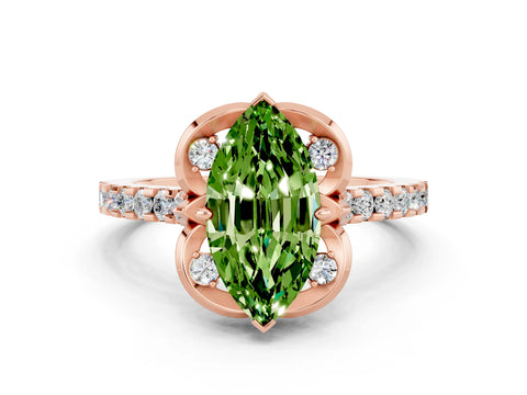 Rose gold Marquise Cut Peridot Ring with Pavé Band and Floral Prong Setting
