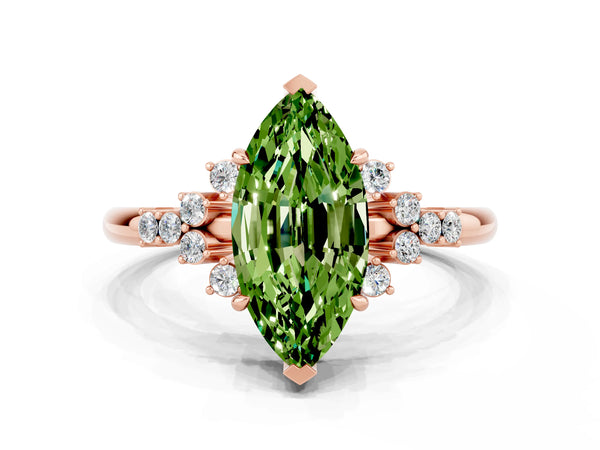 Rose gold Marquise Cut Peridot Ring with Side Stones and Four-Prong Setting