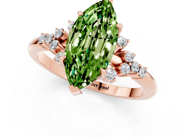Rose gold Marquise Cut Peridot Ring with Side Stones and Four-Prong Setting