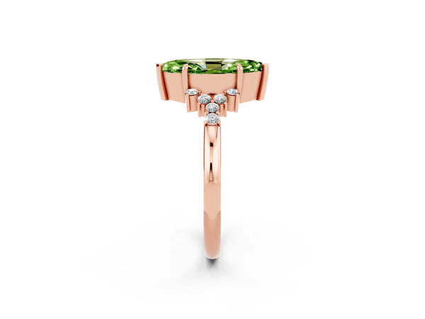 Rose gold Marquise Cut Peridot Ring with Side Stones and Four-Prong Setting