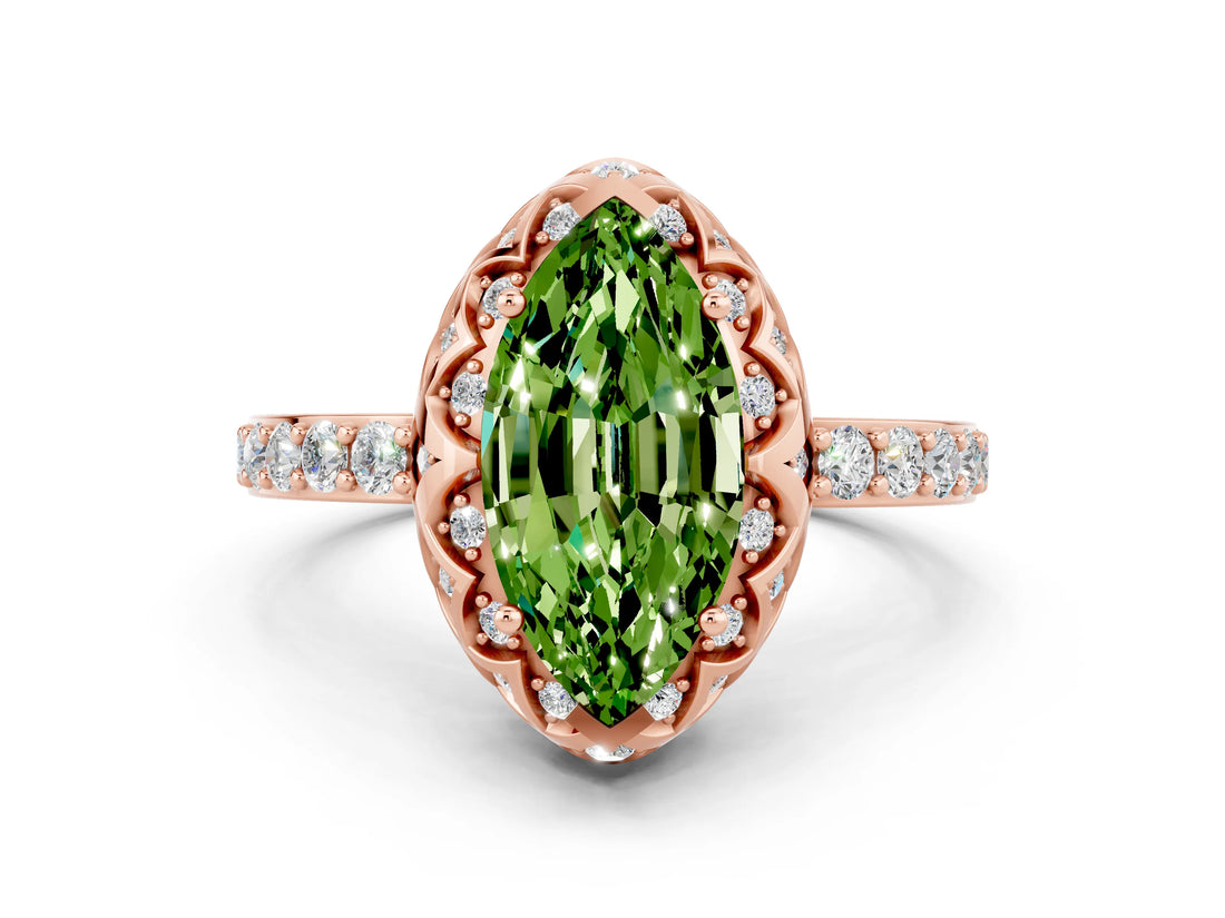 Rose gold Marquise Cut Peridot Scalloped Halo Engagement Ring with Round Shared Prong Band_12