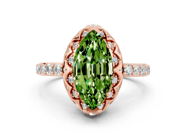 Rose gold Marquise Cut Peridot Scalloped Halo Engagement Ring with Round Shared Prong Band