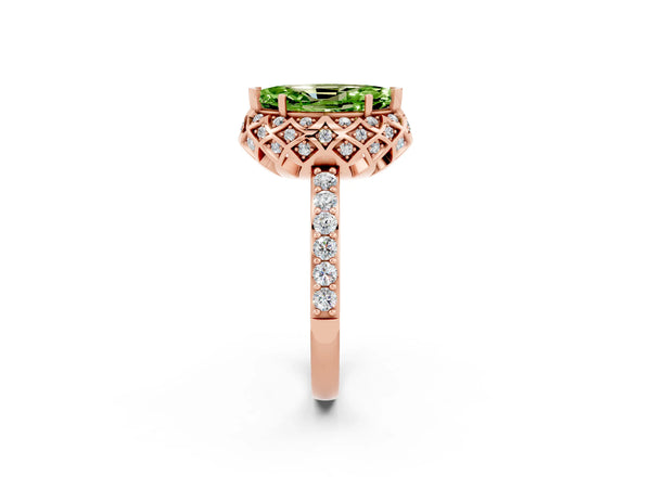 Rose gold Marquise Cut Peridot Scalloped Halo Engagement Ring with Round Shared Prong Band
