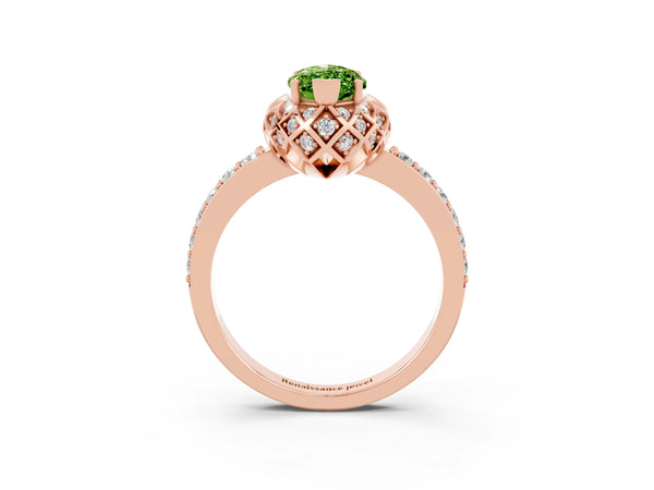 Rose gold Marquise Cut Peridot Scalloped Halo Engagement Ring with Round Shared Prong Band