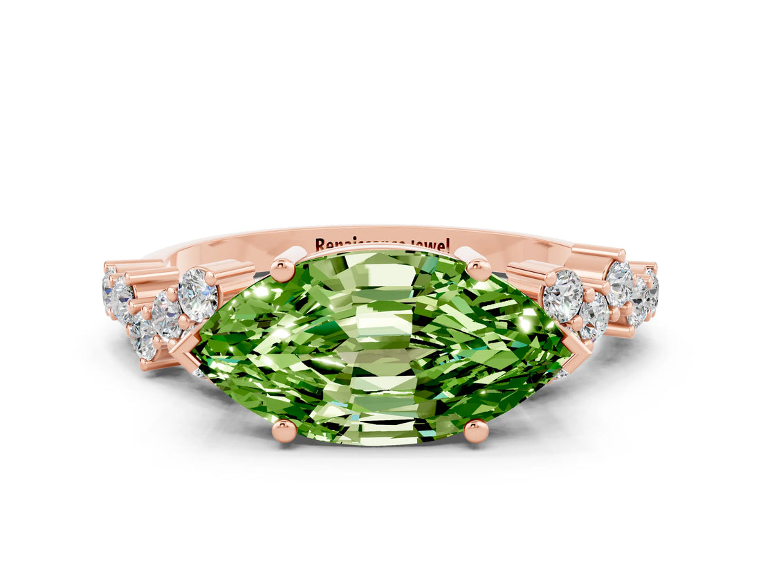 Rose gold Marquise Cut Peridot Scattered Round Accent Ring with Prong Setting_12