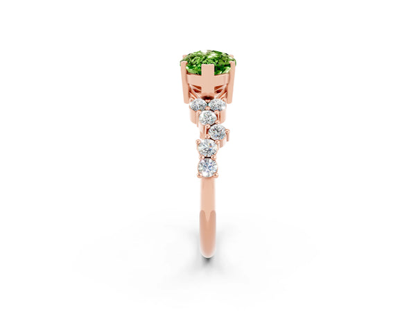 Rose gold Marquise Cut Peridot Scattered Round Accent Ring with Prong Setting
