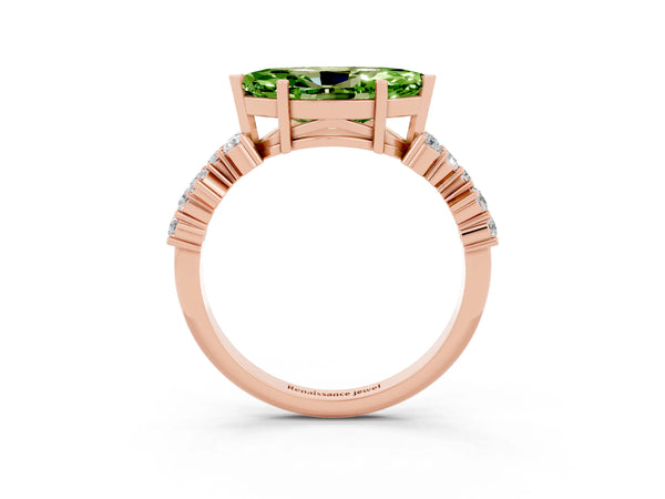 Rose gold Marquise Cut Peridot Scattered Round Accent Ring with Prong Setting